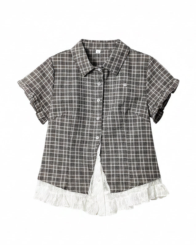 Plaid Lace Hem Short Sleeve Shirt