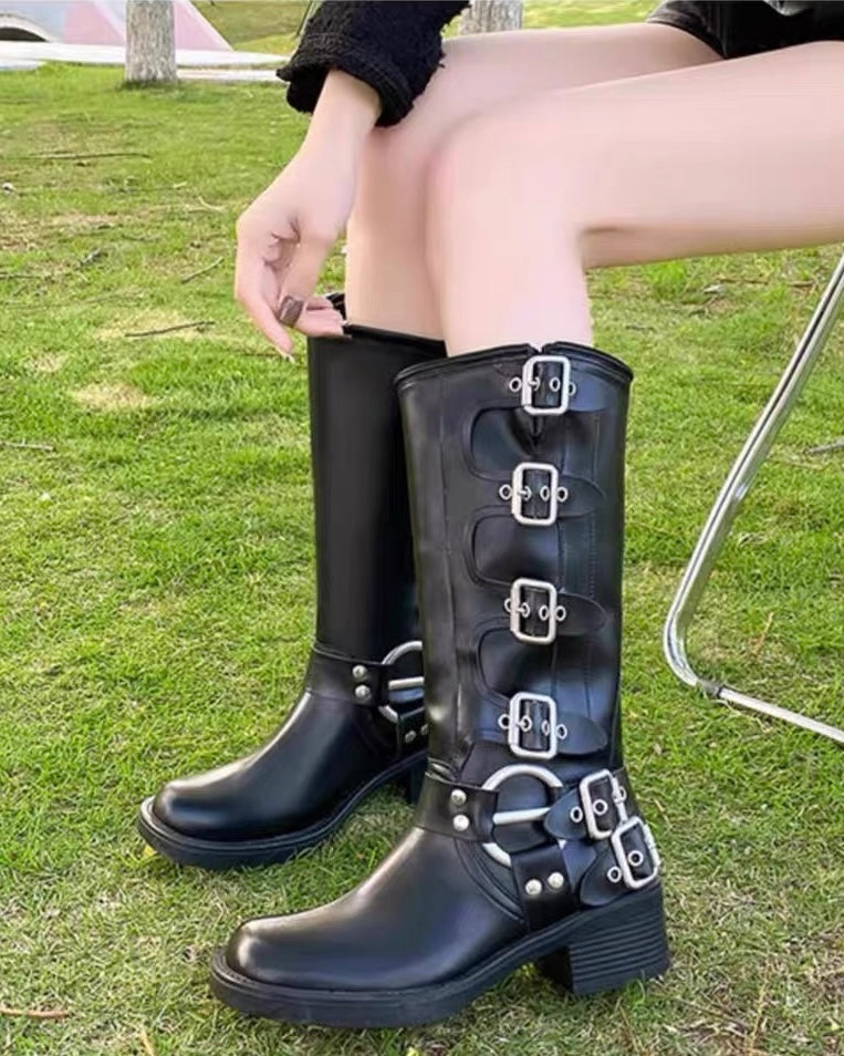 Western Buckle Tall Boots 【2colors】