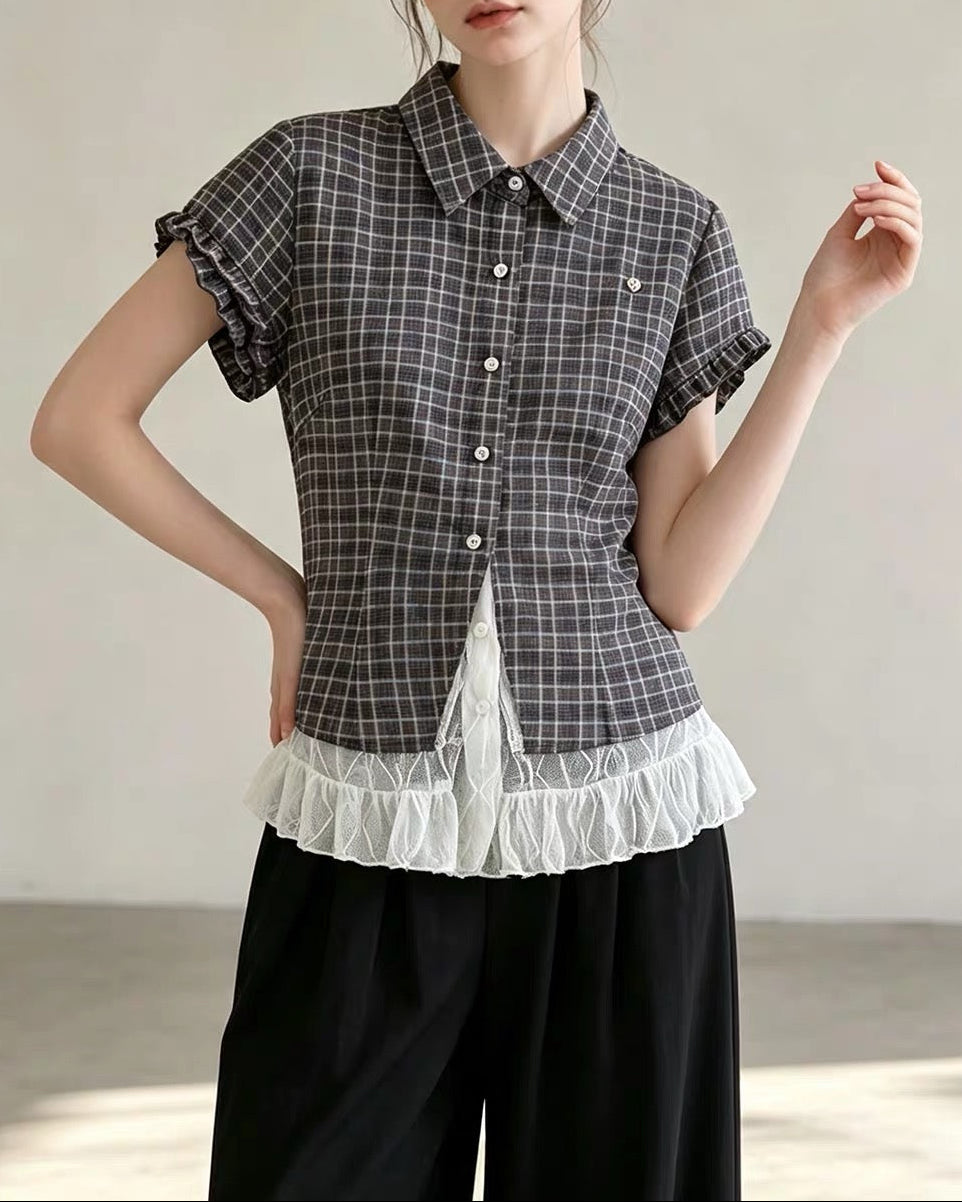 Plaid Lace Hem Short Sleeve Shirt