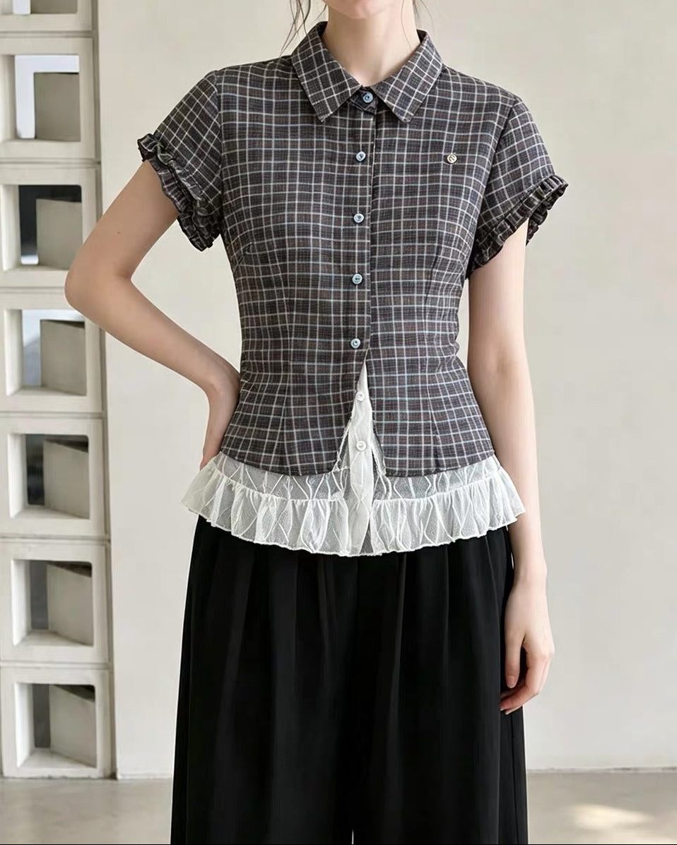 Plaid Lace Hem Short Sleeve Shirt