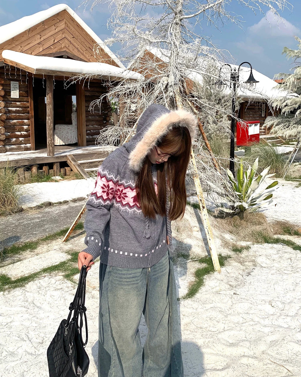 Nordic Snowflake Fur Hood Knit Jacket