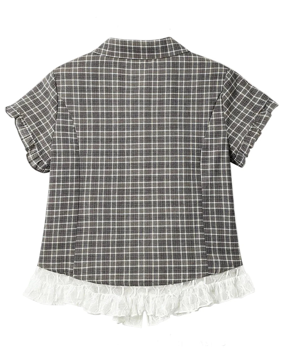 Plaid Lace Hem Short Sleeve Shirt