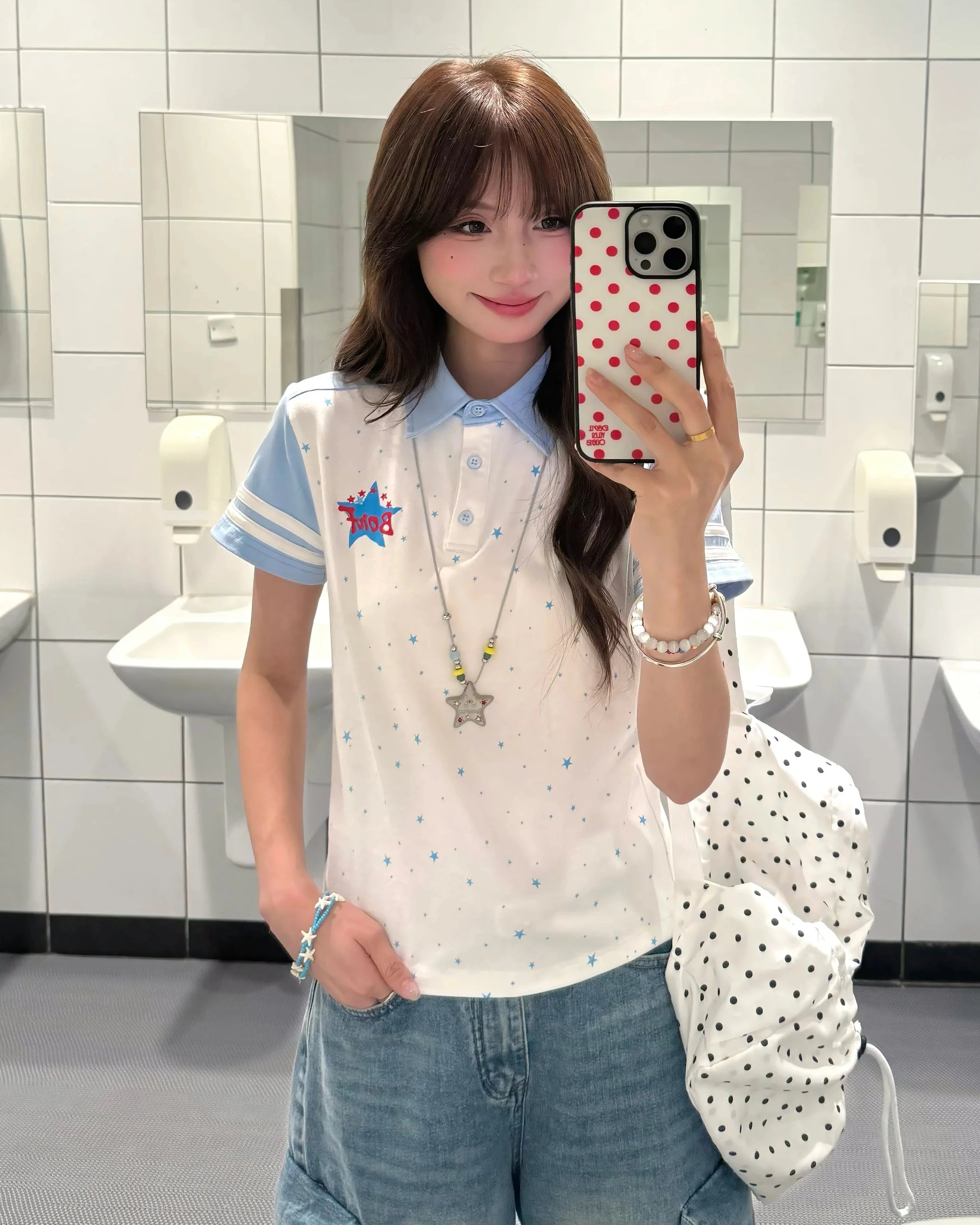 Retro Star Letter Polo Top